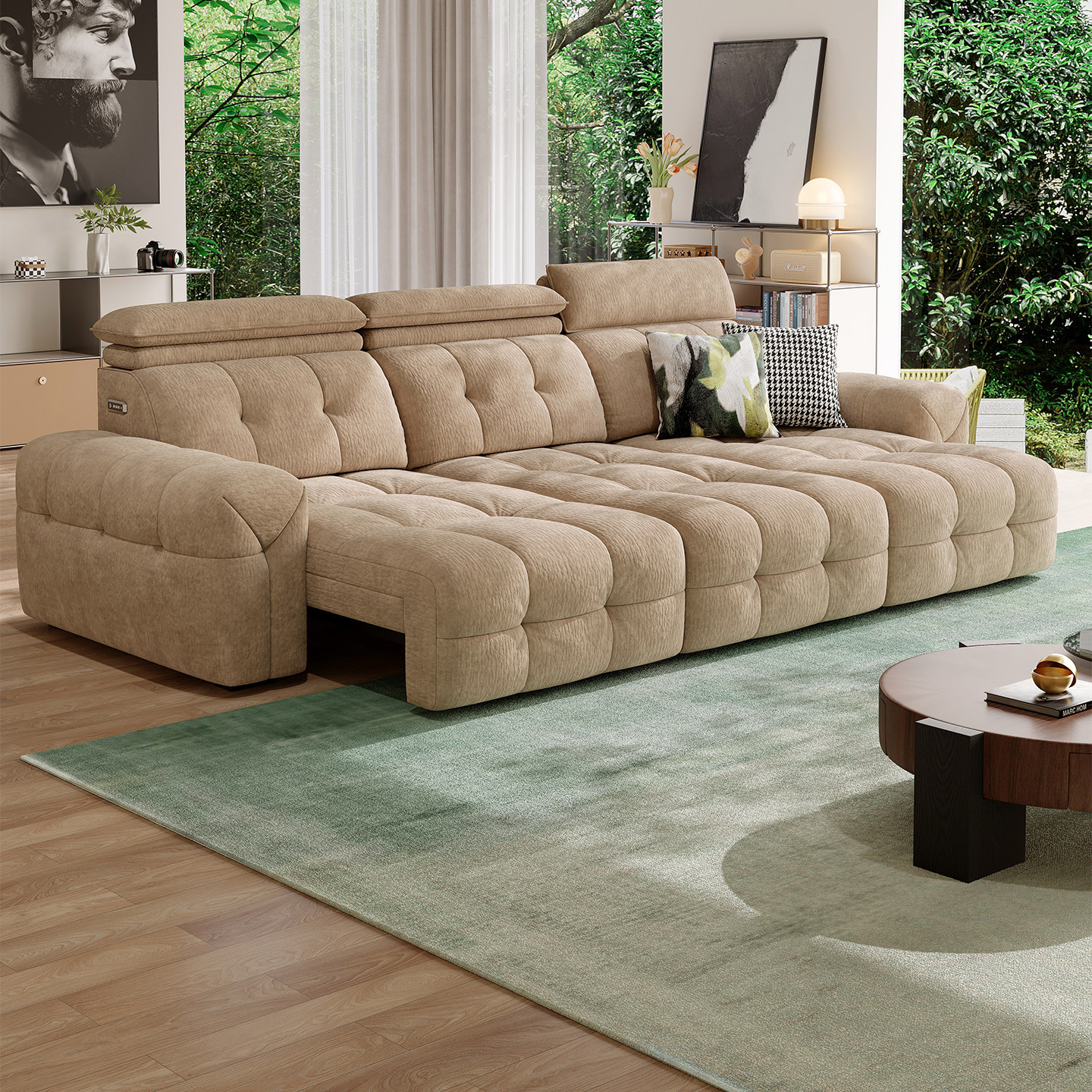 功能布艺沙发雪尼尔客厅简约高靠背电动伸缩棉麻奶油风智能沙发床,住宅家具,功能沙发,淘宝优惠券,粉丝福利购,淘宝优惠卷