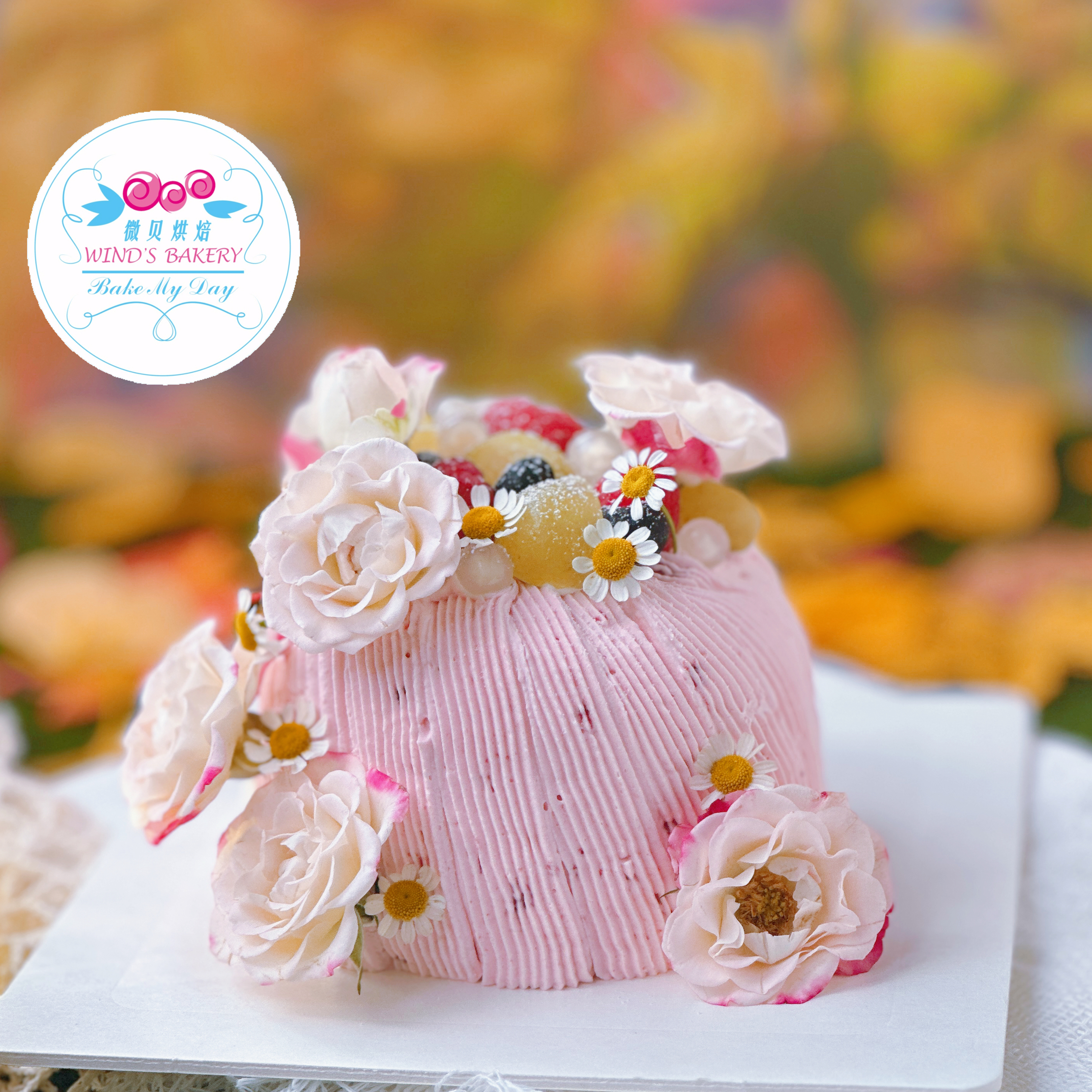 斑斓白桃芭乐/粉色系动物奶油玫瑰生日蛋糕上海同城配送微贝烘焙