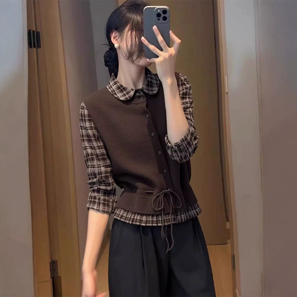 高级感法式设计感针织上衣格子拼接衬衫女款秋季抽绳收腰长袖上衣