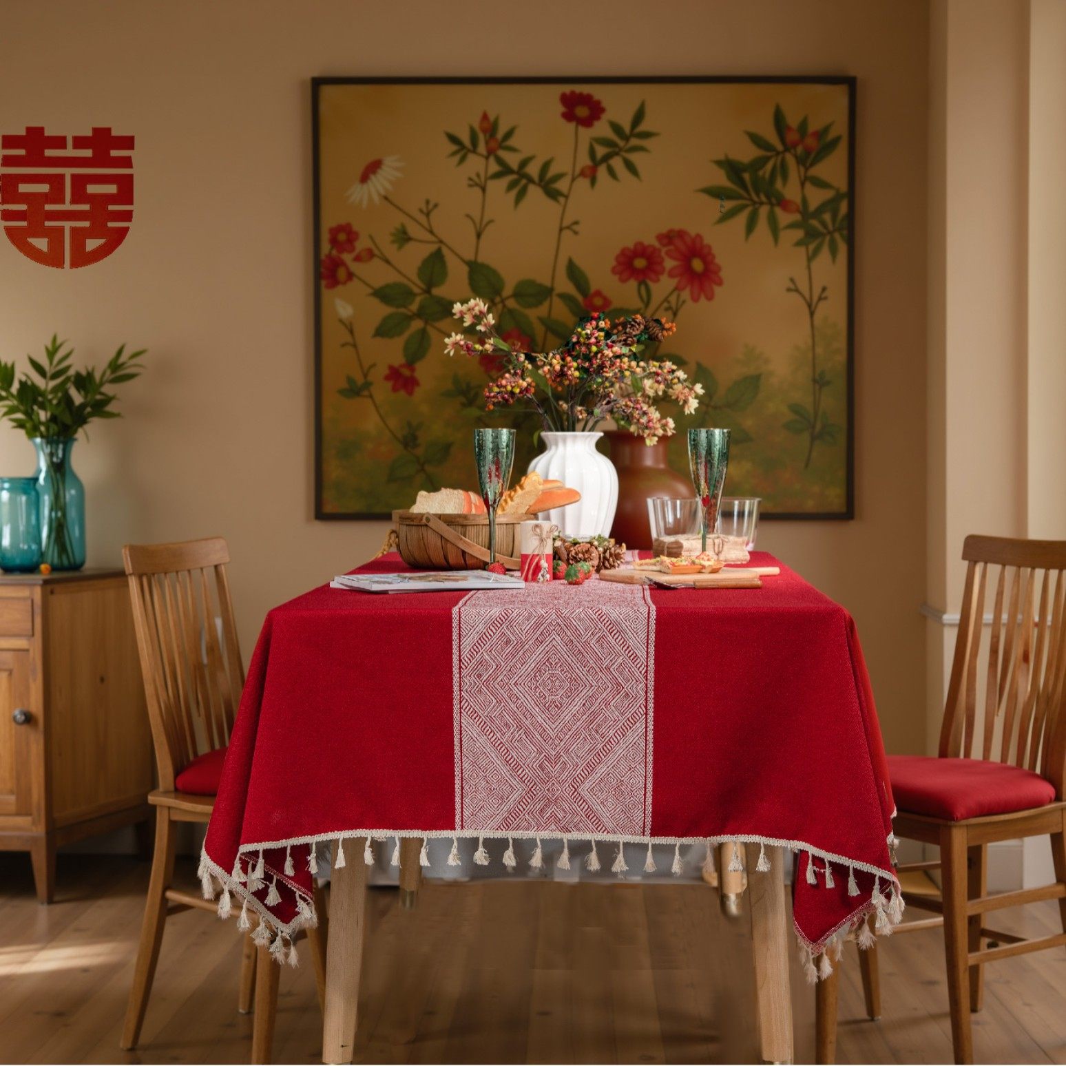 喜庆红色婚宴桌布菱形提花大红婚礼桌布文艺餐桌布艺长方形台布,居家布艺,桌布,淘宝优惠券,粉丝福利购,淘宝优惠卷