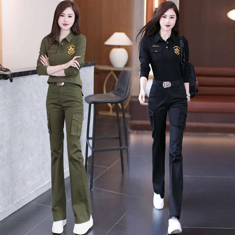 迷彩服运动休闲套装女军绿色微喇裤工装两件套显瘦百搭舞服装体恤
