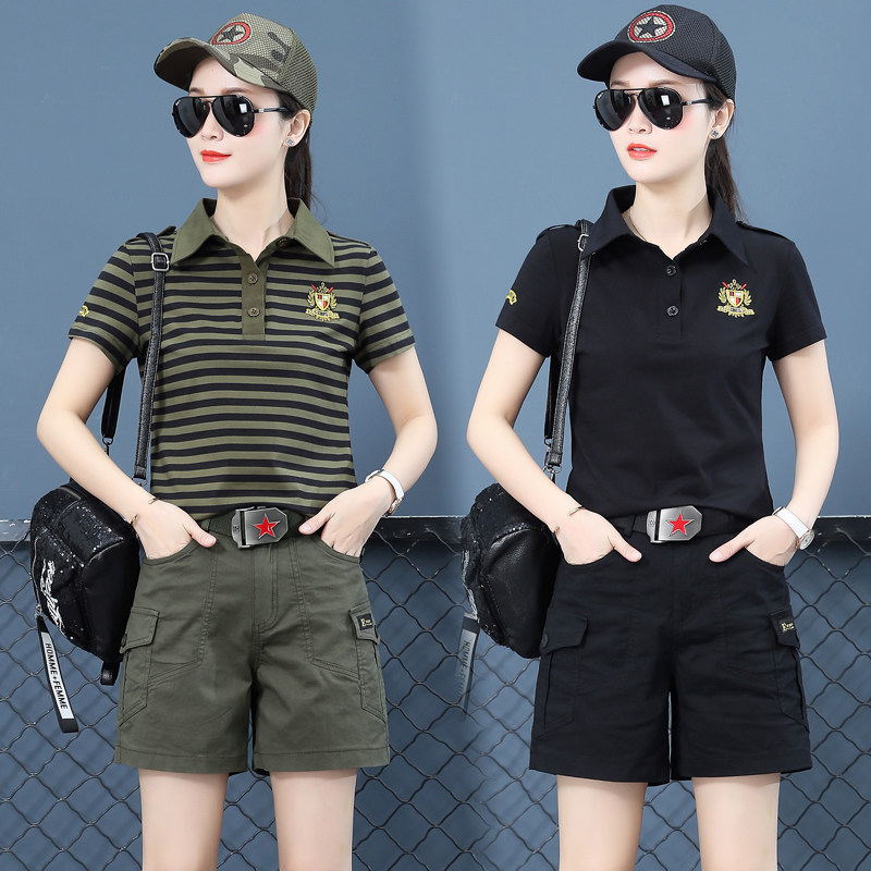 迷彩服套装女夏季新款曳步舞街舞水兵舞演出服个性棉弹力T恤薄款