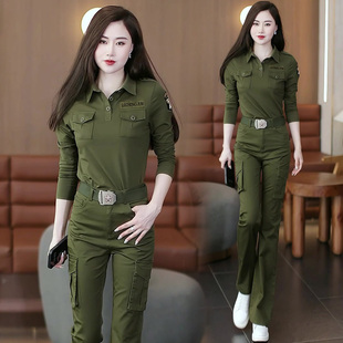 迷彩服套装女士休闲运动正版高腰2026春秋薄款工装微喇裤两件套潮
