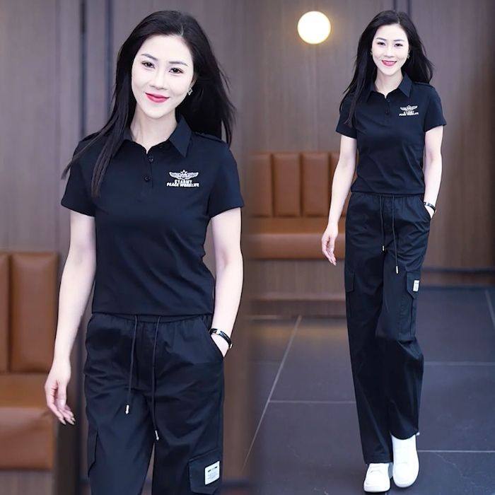 工装迷彩女士夏季短袖绣花水兵舞服POLO领大码150斤上衣半袖