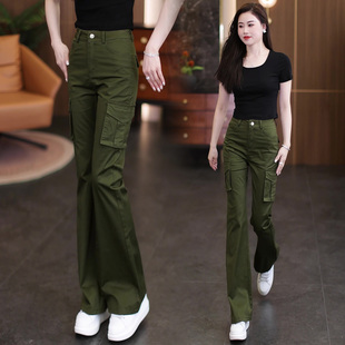 美式工装裤女春秋直筒裤新款登山裤宽松显瘦军绿休闲运动微喇裤潮