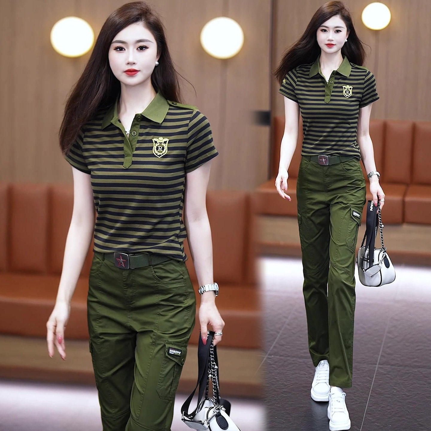女士迷彩服套装夏季半袖直筒裤修身显瘦军迷水兵舞演出服团建工装