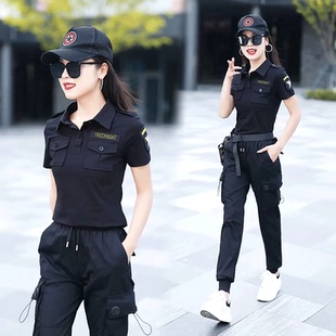 迷彩服套装女夏季薄款直筒裤修身弹力棉质大码女军工装套装潮流