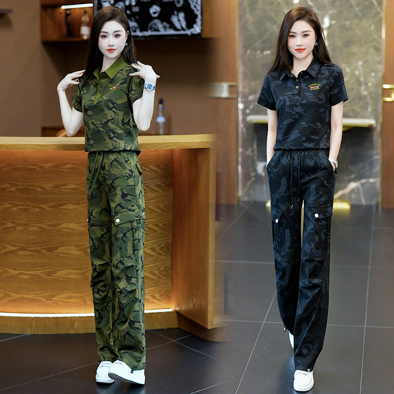 薄款迷彩服套装女夏季新品翻领大码直筒裤工装女裤休闲减龄两件套