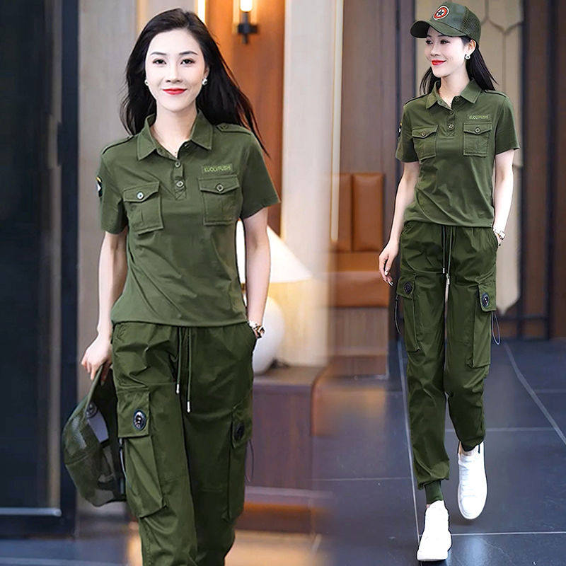 迷彩服短袖套装两件套女装夏季新款翻领显瘦半袖工装长裤时尚