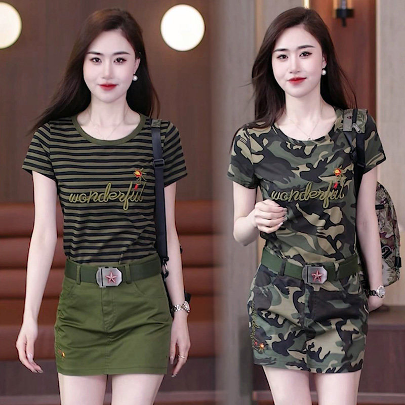 2026新款夏季迷彩服套装女圆领裤裙半袖两件套裙裤水兵舞演出服潮