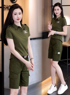 户外工装女士迷彩服套装显瘦女装夏季军绿色短袖中裤休闲两件套