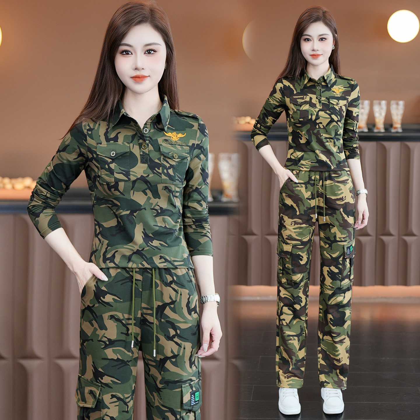 迷彩服套装女多口袋弹力工装