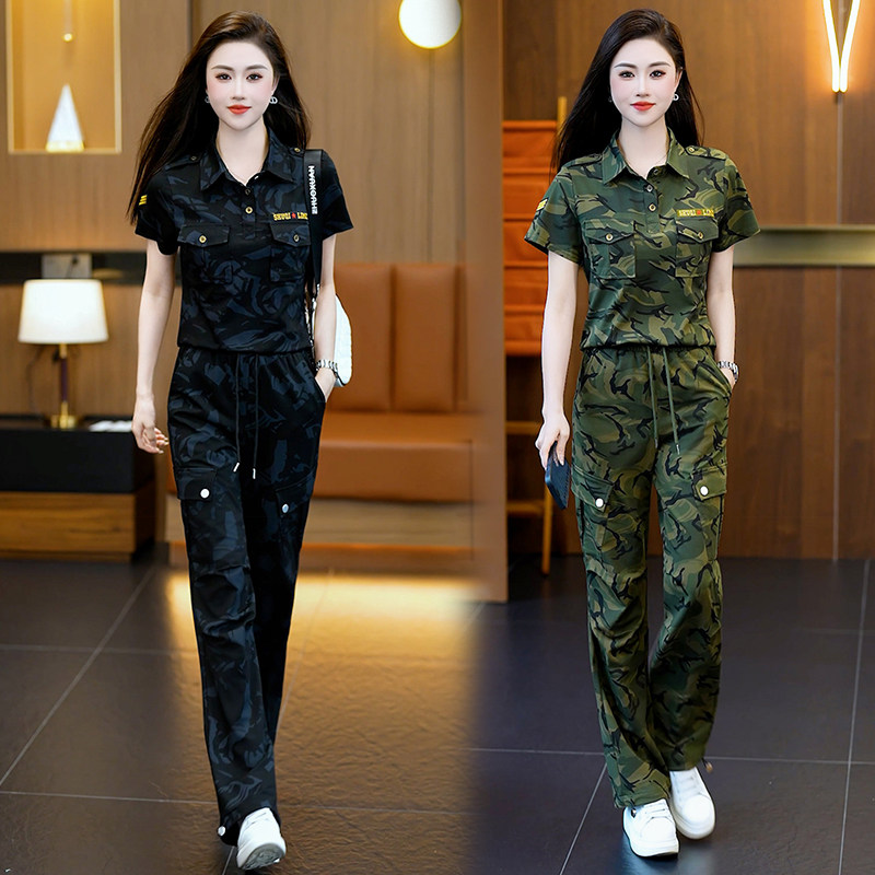 夏季新款翻领短袖上衣水兵舞服迷彩服宽松显瘦军迷套装多口袋工装