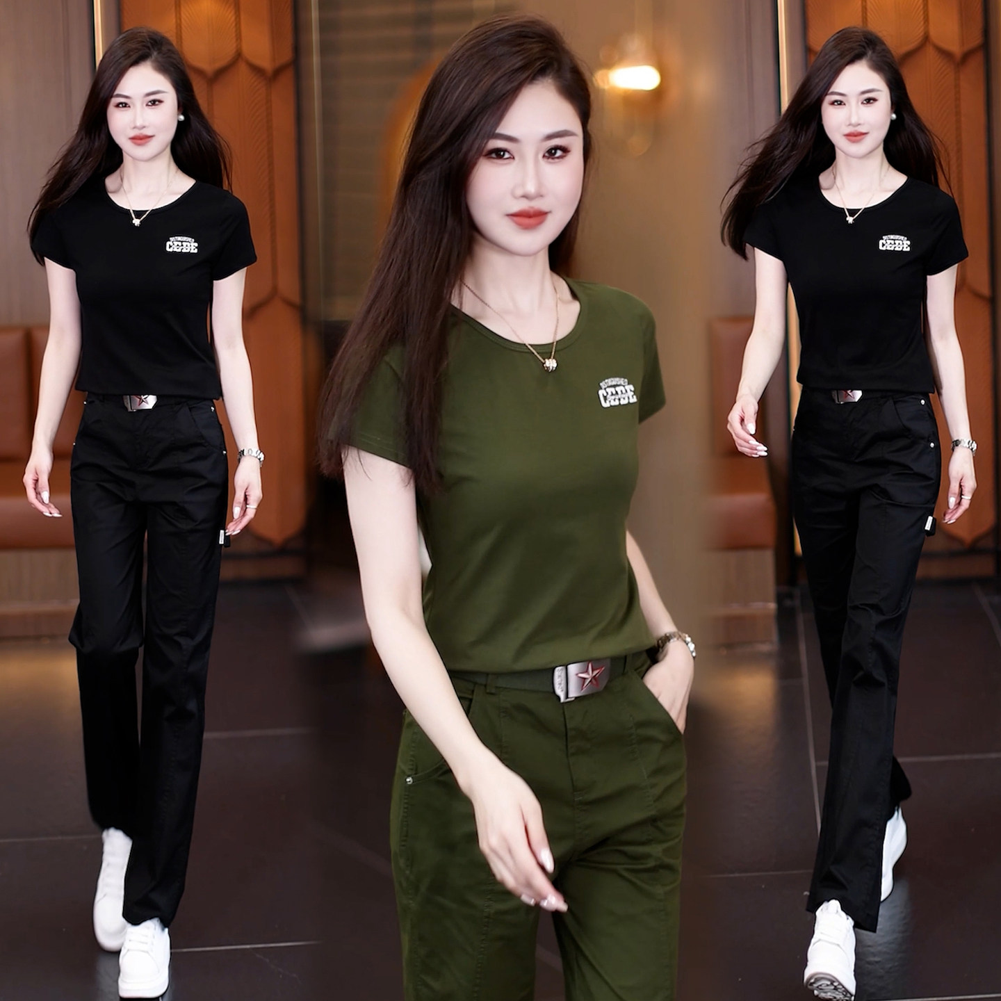 军绿色短袖休闲运动迷彩服套装女士军迷圆领工装演出服爆款直筒裤