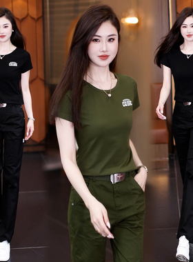 军绿色短袖休闲运动迷彩服套装女士军迷圆领工装演出服爆款直筒裤