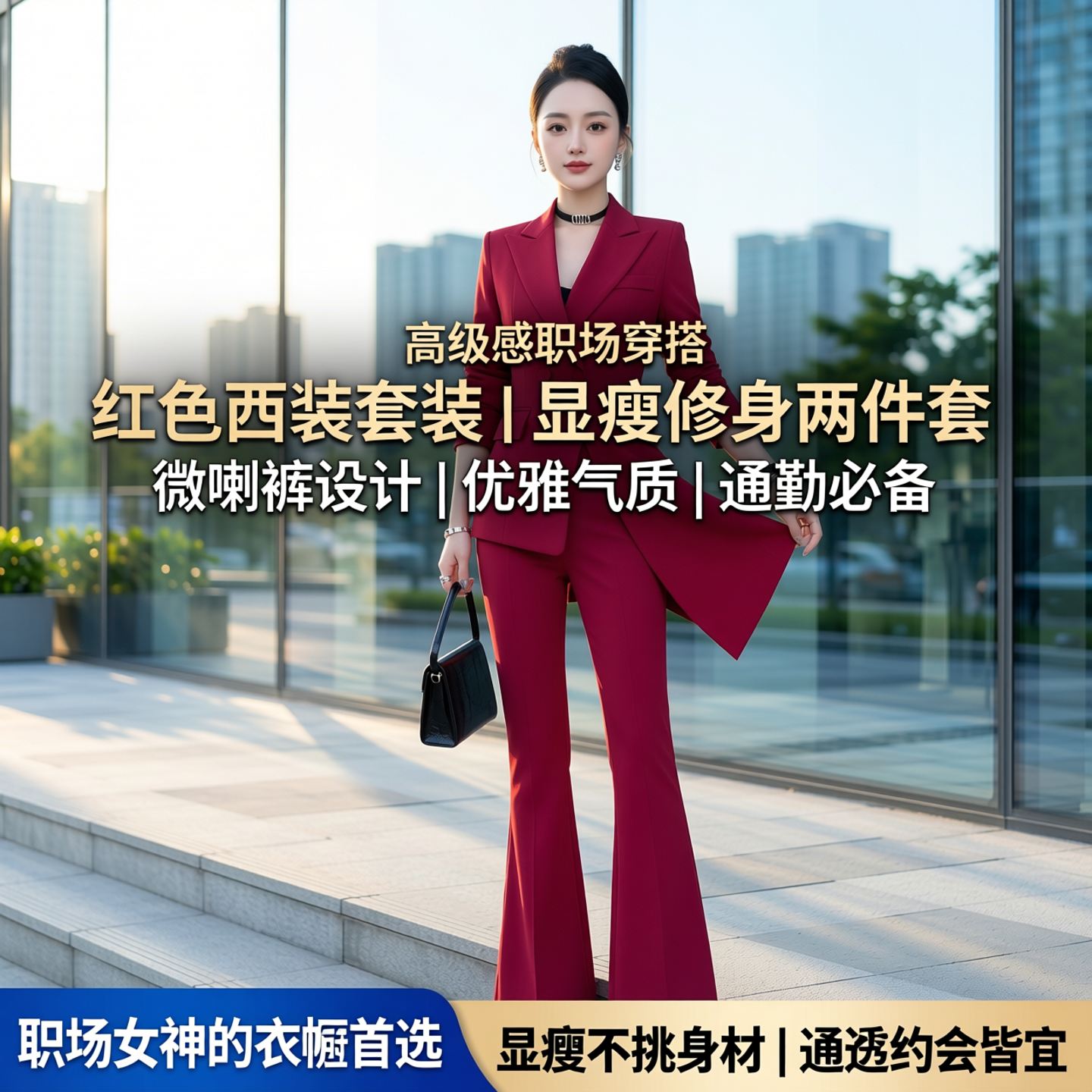 红色西装套装女显瘦微喇裤两件套