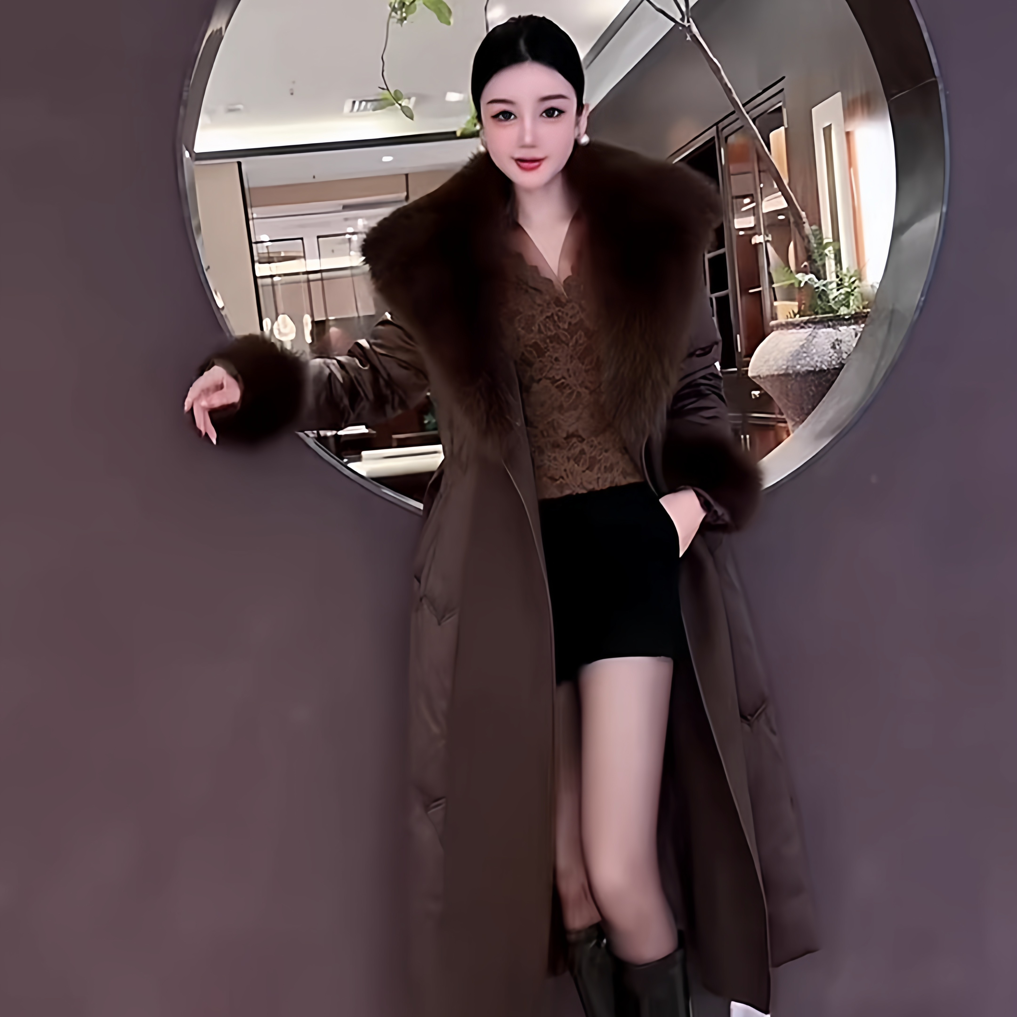 优雅风大毛领长款羽绒服女春季白鸭绒收腰显瘦保暖外套90%含绒量