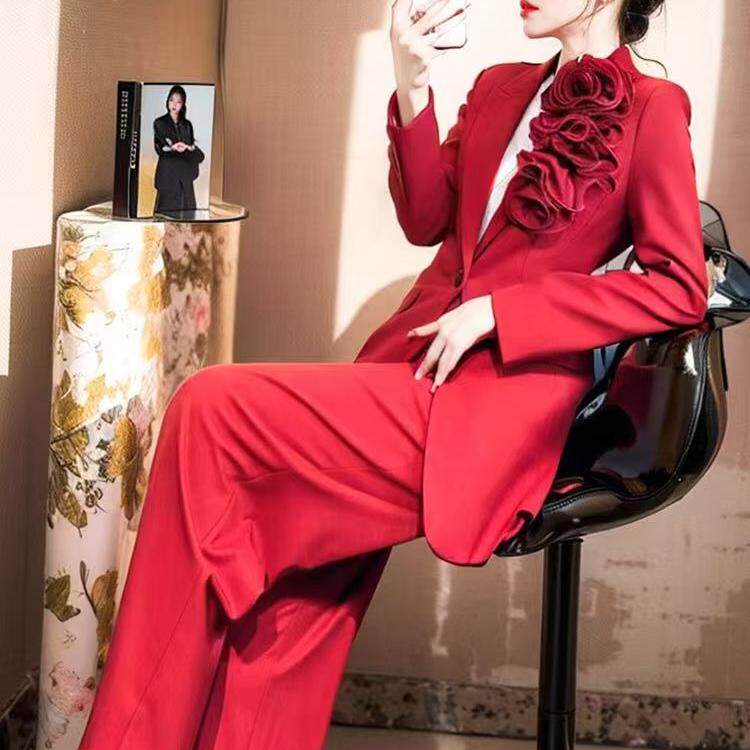 红色御姐风名媛职业西装套装女装设计感气质商务聚会时尚新两件套