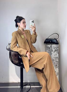 冬季西装套装女高品职业装干练时尚修身显瘦外套阔腿裤两件套纯色