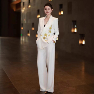 欧洲站2026职业套装女气质女神蝶恋花钉珠撞色西服阔腿裤两件套