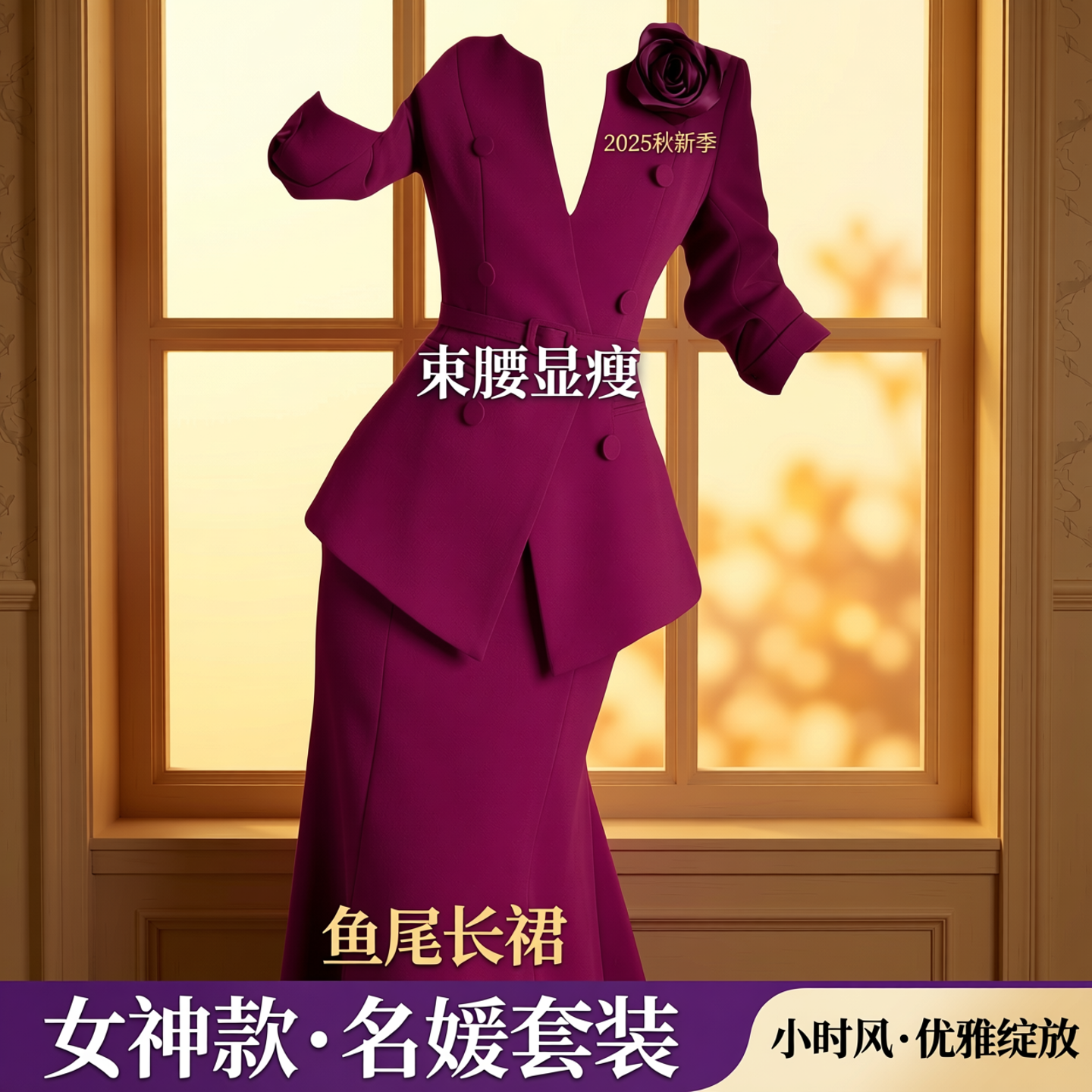 欧洲站女装2026秋小时风束腰显瘦配花外套鱼尾长裙名媛套装女神款