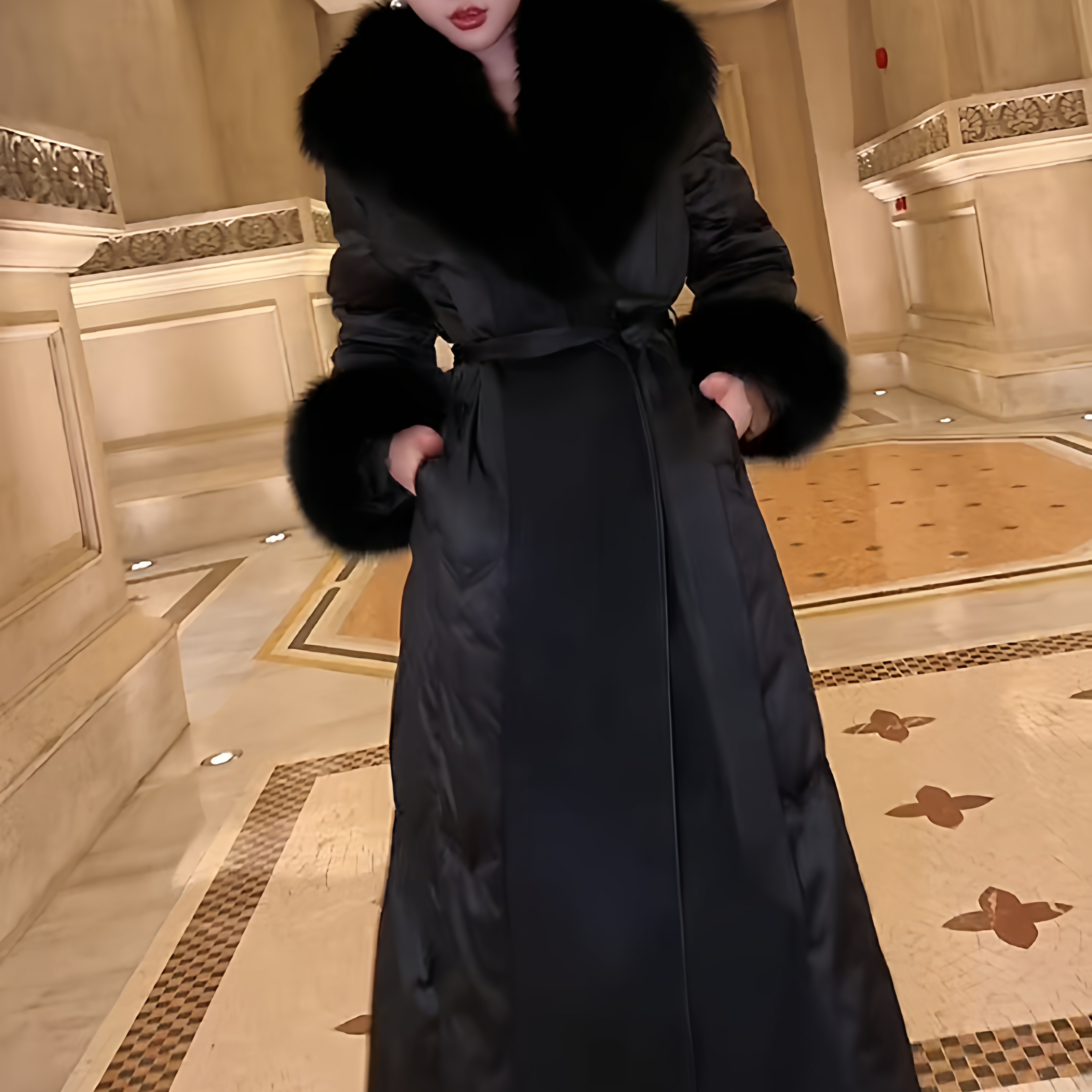 千金风大毛领过膝收腰羽绒服女