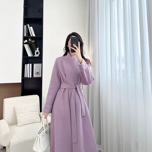 毛呢大衣气质修身女赫本风2024秋冬款时尚宽松系带中长款呢外套