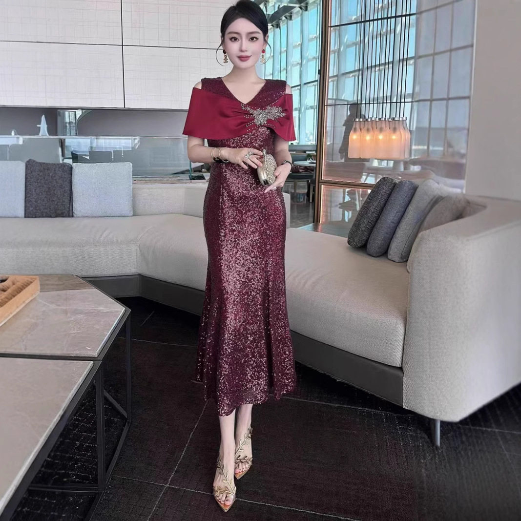 亮片酒红色鱼尾裙婚礼妈妈晚礼服
