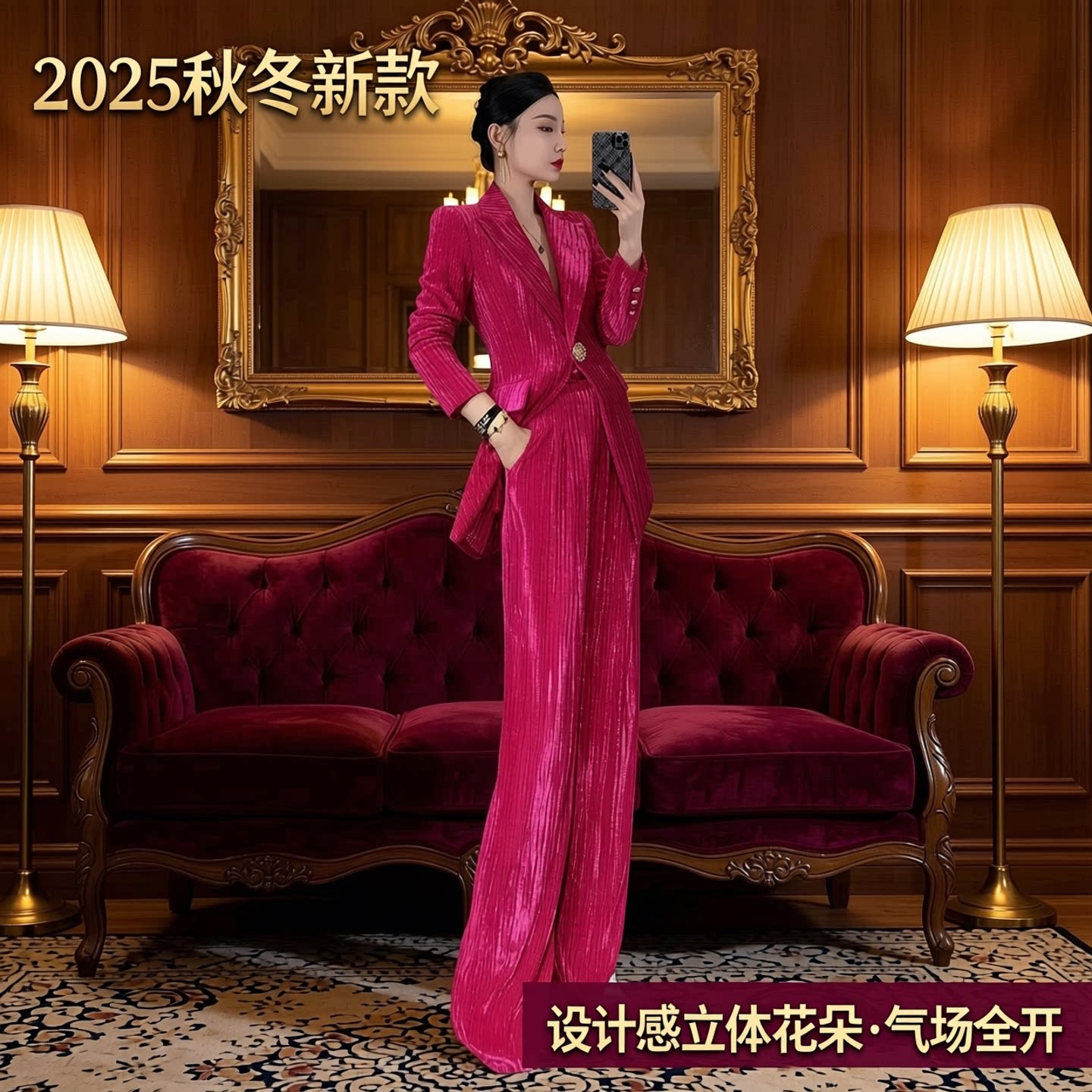 春秋新款红色西装外套立体花朵