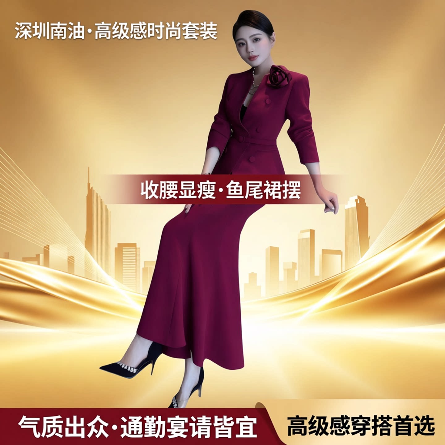 优雅高级感时尚套装深圳南油气质收腰西装配花朵腰带鱼尾裙两件套