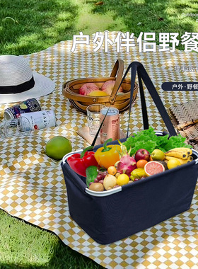 厂家直销户外伴侣野餐篮牛津布多功能野餐包户外菜篮大容量水果蓝