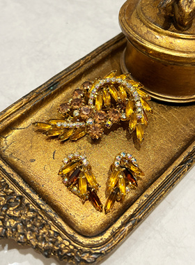 Vintage Juliana焦糖黄色水晶胸针耳夹套组 国内现货