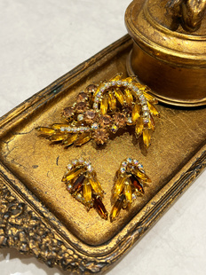 Vintage Juliana焦糖黄色水晶胸针耳夹套组 国内现货