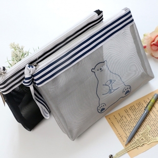 巨门文具北极熊细网格大拉链文件袋A4可爱A5小A6资料病例本收纳包