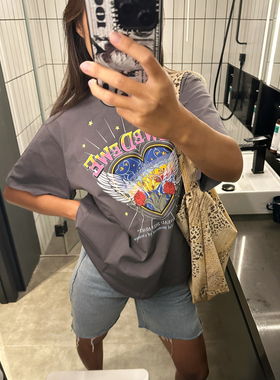 美潮vintage复古做旧崔裕娜郑采妍爱心翅膀字母印花宽松短袖t恤女