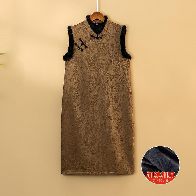 新中式国风冬季加绒马甲连衣裙女中长款女装秋冬加厚保暖背心裙子