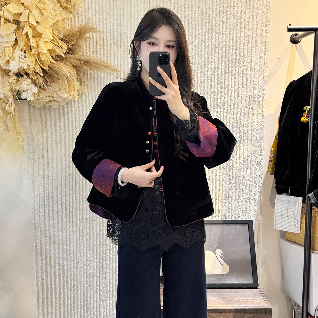 欧货新中式撞色拼接丝绒外套女2025秋季高级感双面穿短款国风上衣