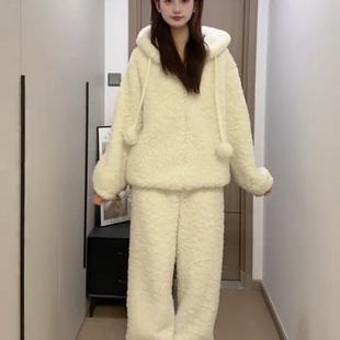 加绒加厚连帽家居服套装女2025冬季新款软和保暖可外穿睡衣两件套
