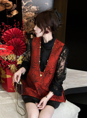 2026春秋季新中式国风V领提花马甲女高级感红色轻奢气质百搭上衣