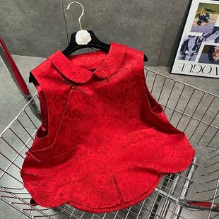 2026春秋新款复古腰果花娃娃领新中式国风马甲女装高级感红色上衣