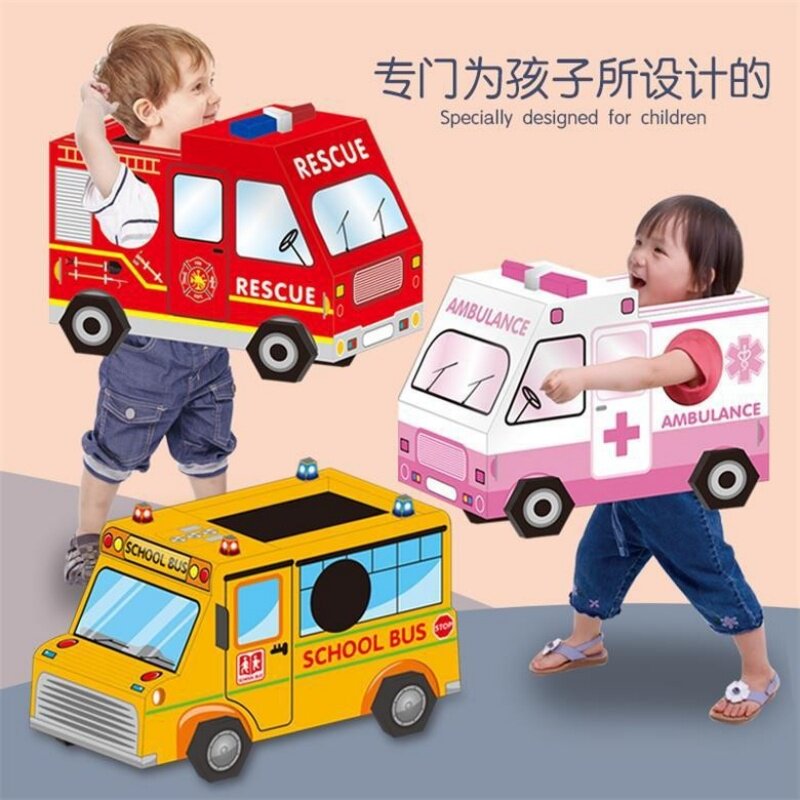 儿童纸板汽车彩色穿戴消防车警车图片