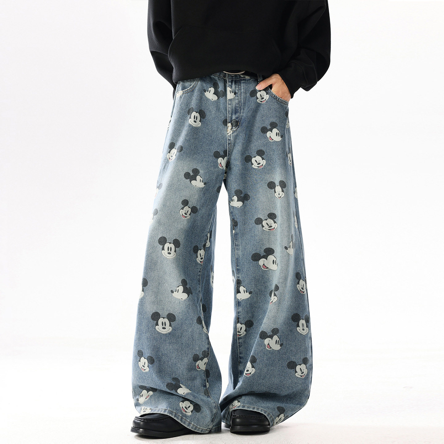卡通米奇印花牛仔裤男直筒宽松阔腿美式高街裤子潮流百搭复古水洗