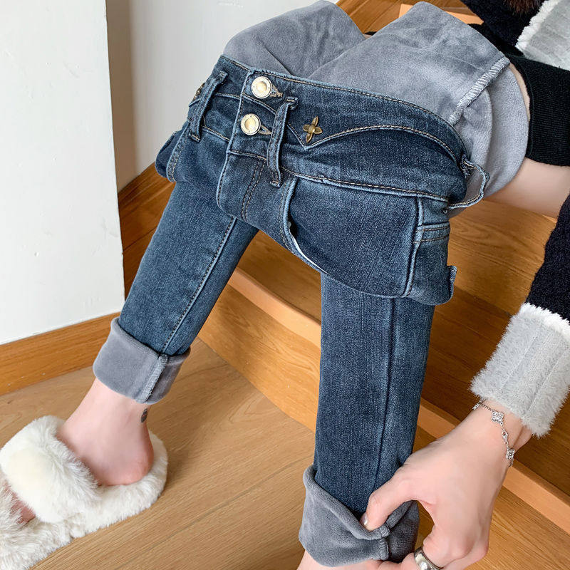 好面料加绒加厚小脚牛仔裤女秋冬紧身显瘦弹力高腰铅笔九分长裤子