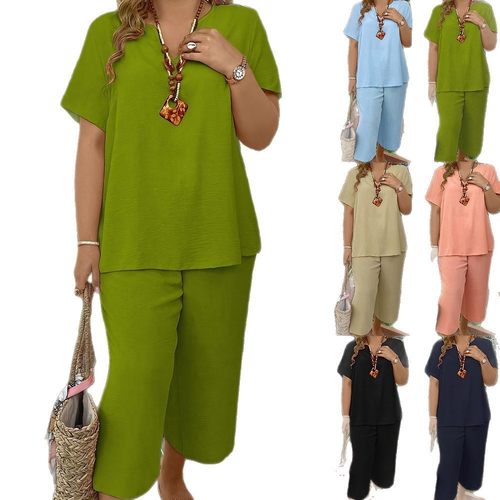 大码女装亚马逊春夏秋季优雅时尚纯色V领短袖上衣和宽腿裤2件套装