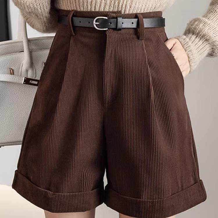 灯芯绒卷边直筒短裤女秋冬2023年新款宽松显瘦阔腿裤子休闲裤ins