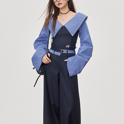 【1月15号新品】WESTAYONE一字肩条纹拼接显瘦修身上衣学院休闲裤