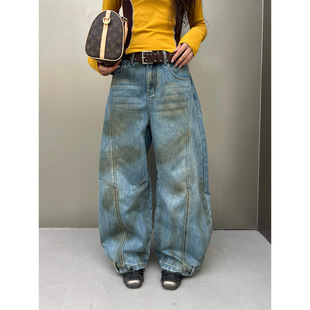 L0011 2025冬季 渐变色脏牛仔裤 高腰宽松加绒拖地裤 水洗压褶弯刀裤