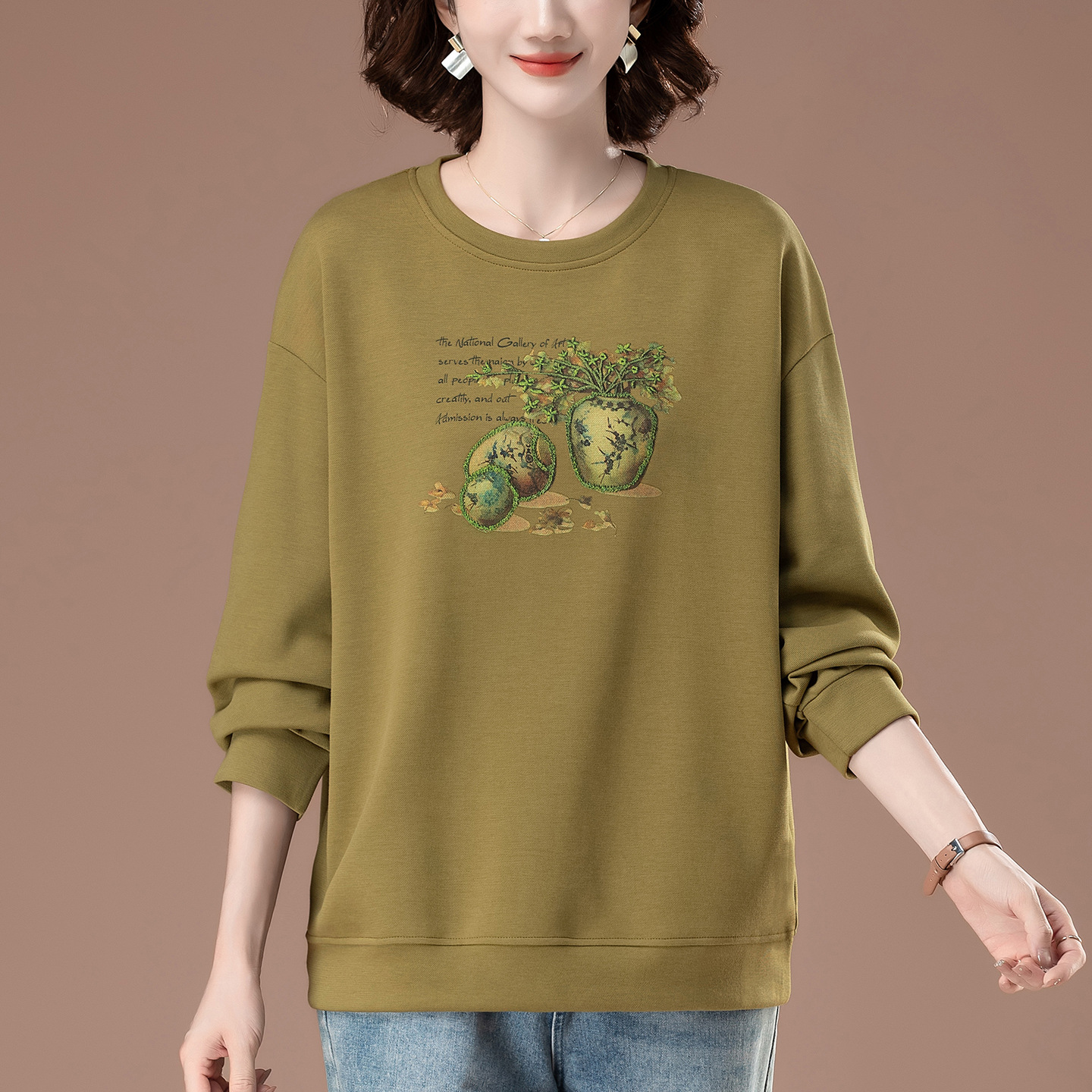 中年女士卫衣春秋款加肥加大码女装宽松洋气印花圆领妈妈上衣