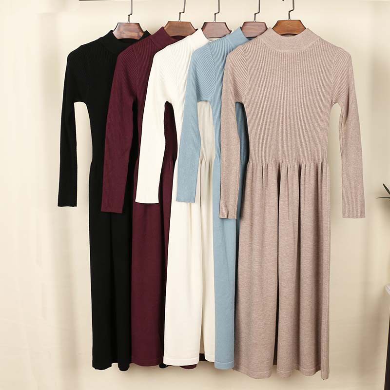 纯色针织连衣裙秋冬保暖加厚新款长袖收腰打底修身毛衣裙女半高领