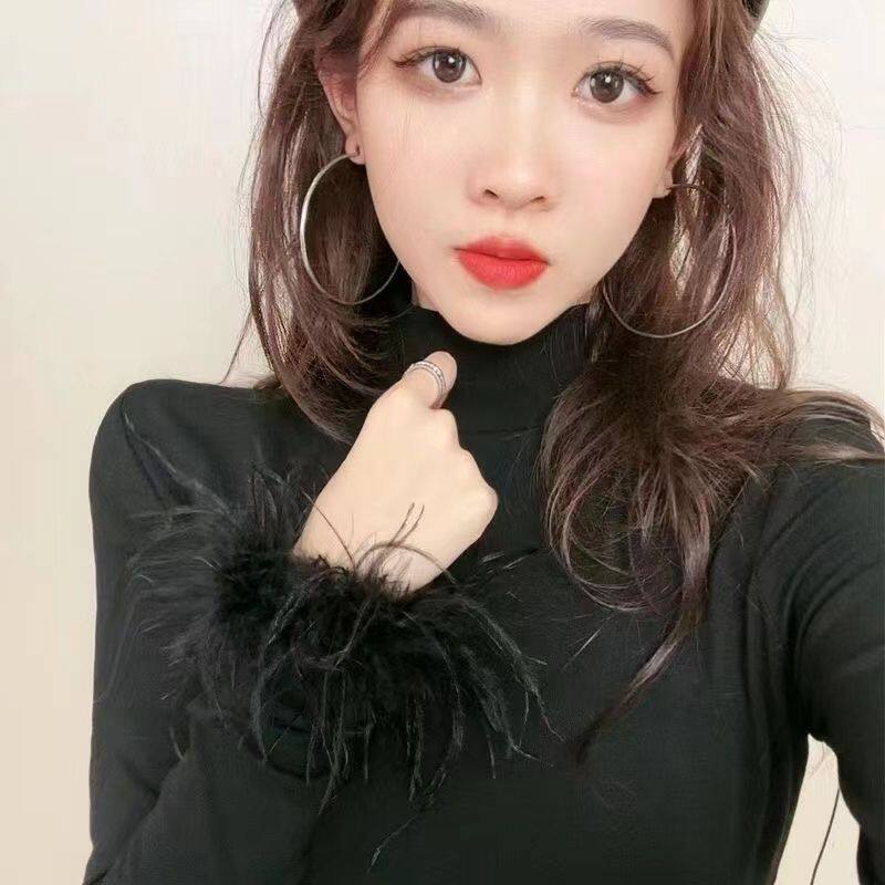 德绒修身拼接秋冬高领洋气打底衫新款毛绒袖口个性百搭长袖上衣